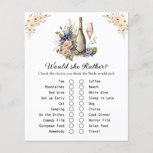 Floral Champagne Brautparty Game Card (Vorderseite)
