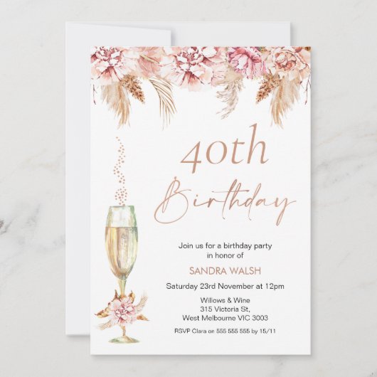 Floral Champagne Glass Boho Pampas Birthday Einladung (Vorderseite)