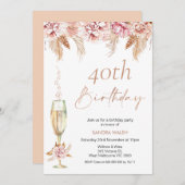 Floral Champagne Glass Boho Pampas Birthday Einladung (Vorne/Hinten)