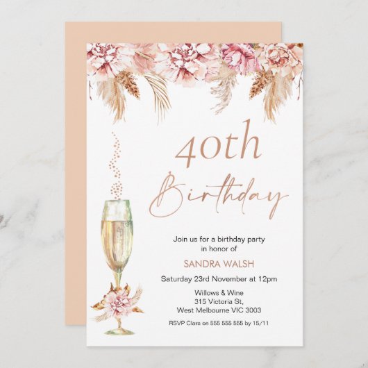 Floral Champagne Glass Boho Pampas Birthday Einladung (Vorne/Hinten)
