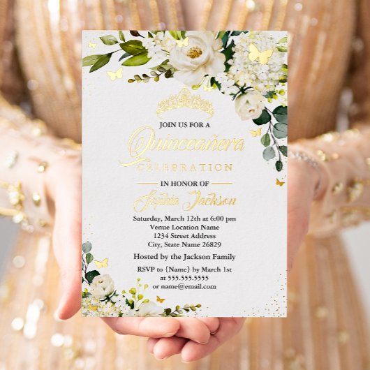 Floral Champagne Gold Aquarellfarben Quinceanera Folieneinladung