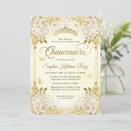 Floral Champagne Gold Glitzer Crown Quinceañera Einladung (Stehend Vorderseite)