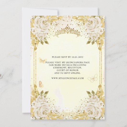 Floral Champagne Gold Glitzer Crown Quinceañera Einladung (Rückseite)