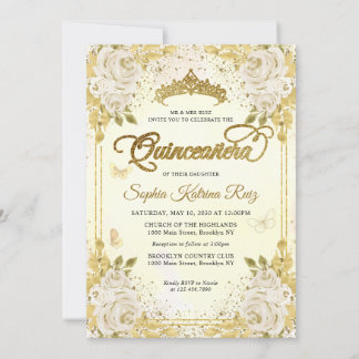 Floral Champagne Gold Glitzer Crown Quinceañera Einladung