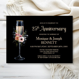 Floral Champagnerglas 25. Hochzeitstag Einladung