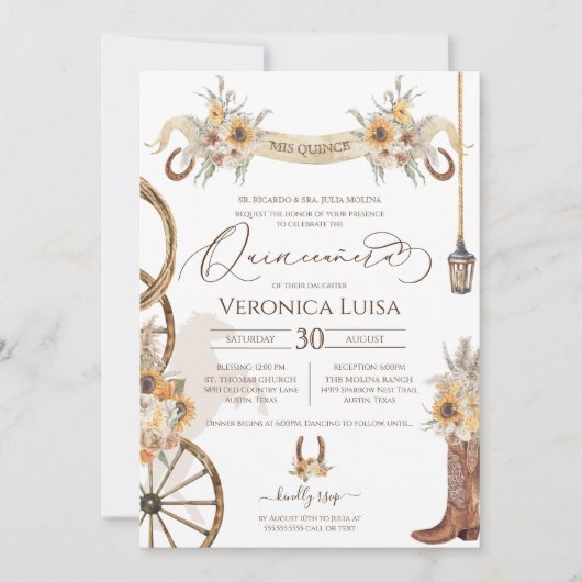 Floral Charro Sonnenblumen Land Rustikale Quincean Einladung (Vorderseite)