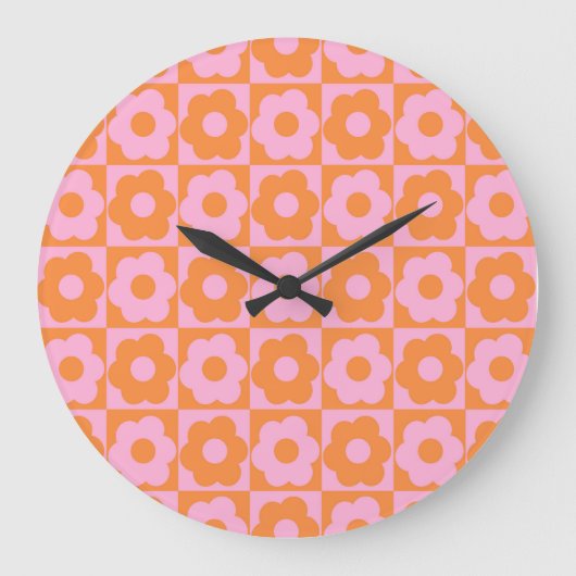 Floral Checker Pink Orange Große Wanduhr (Vorderseite)