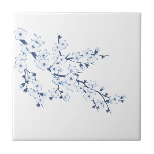 Floral Cherry Blossom Blue White Fliese (Vorderseite)