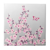 Floral Cherry Blossom Butterfly Pink Grau Fliese (Vorderseite)
