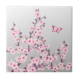 Floral Cherry Blossom Butterfly Pink Grau Fliese