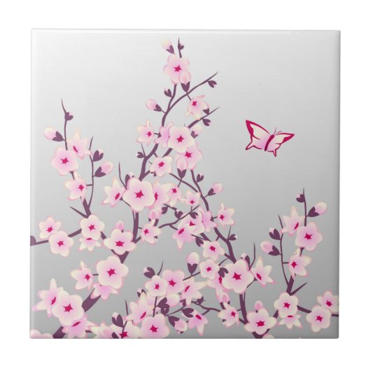Floral Cherry Blossom Butterfly Pink Grau Fliese (Vorderseite)