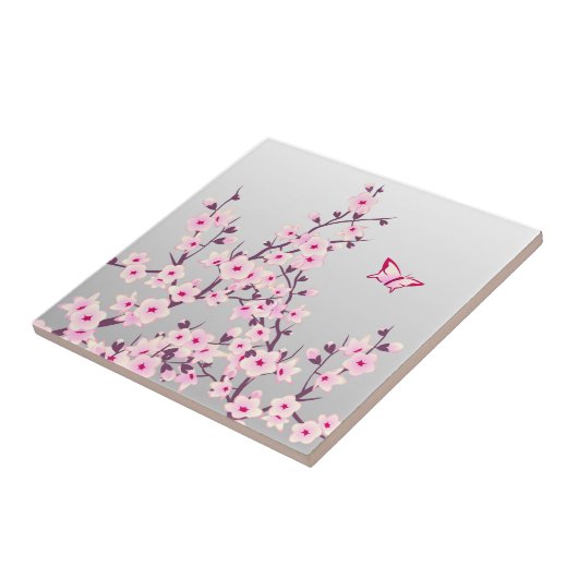 Floral Cherry Blossom Butterfly Pink Grau Fliese (Seite)
