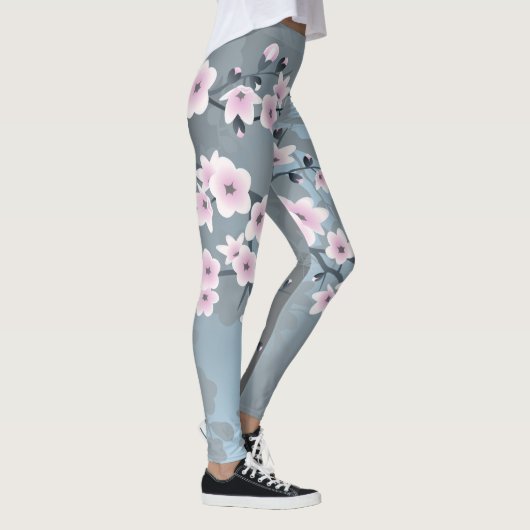 Floral Cherry Blossom Dusty Pink Blue Leggings (Rechts)