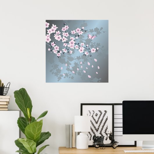 Floral Cherry Blossom Dusty Pink Blue Poster (Heimbüro)