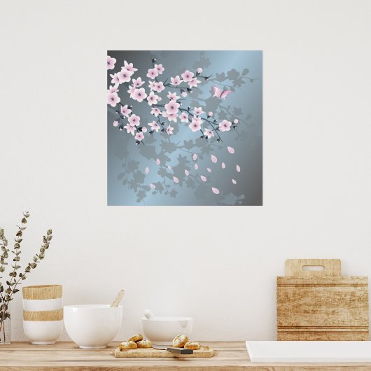 Floral Cherry Blossom Dusty Pink Blue Poster (Küche)