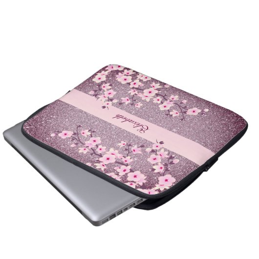 Floral Cherry Blossom Mauve Bling Monogram Laptopschutzhülle (Vorne Knopf)