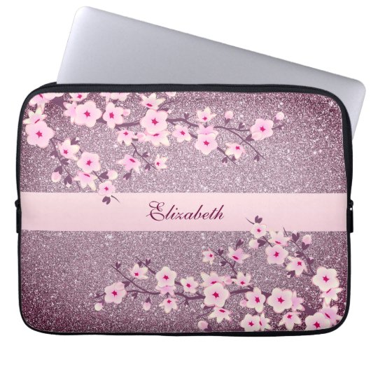 Floral Cherry Blossom Mauve Bling Monogram Laptopschutzhülle (Vorderseite)
