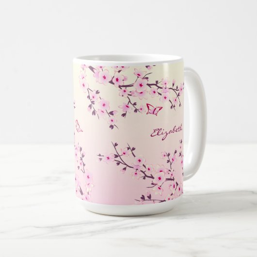 Floral Cherry Blossom Monogram Pink Girl Kaffeetasse (VorderseiteRechts)