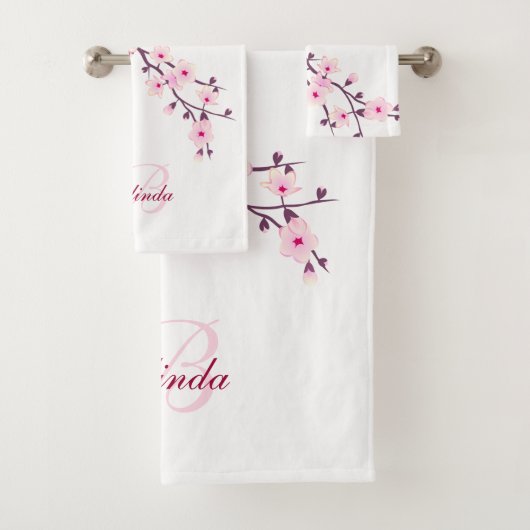 Floral Cherry Blossom Monogramm Name Rosa Weiß Badhandtuch Set (Insitu)