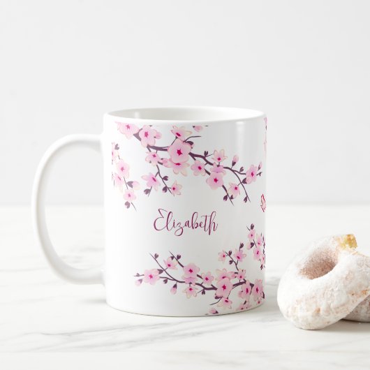 Floral Cherry Blossom Monogramm Pink weiß Kaffeetasse (Mit Donut)