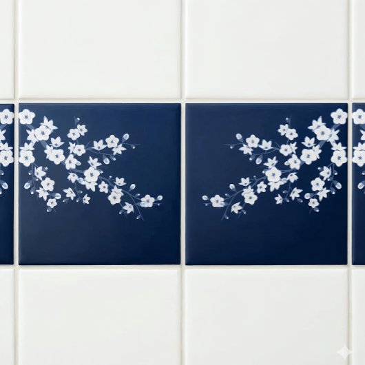 Floral Cherry Blossom Navy Blue White Fliese