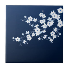 Floral Cherry Blossom Navy Blue White Fliese