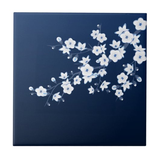 Floral Cherry Blossom Navy Blue White Fliese (Vorderseite)