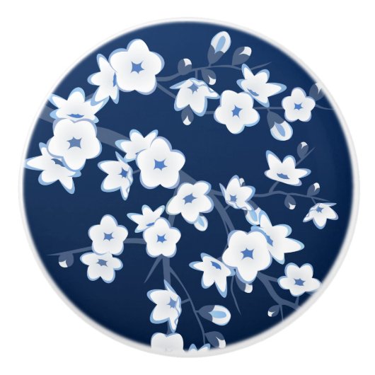 Floral Cherry Blossom Navy Blue White Keramikknauf (Vorderseite)