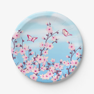 Floral Cherry Blossom Pink Blue Pappteller