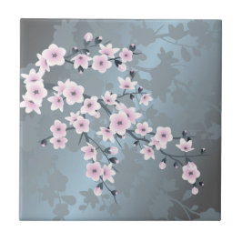 Floral Cherry Blossom Pink Dusty Blue Fliese