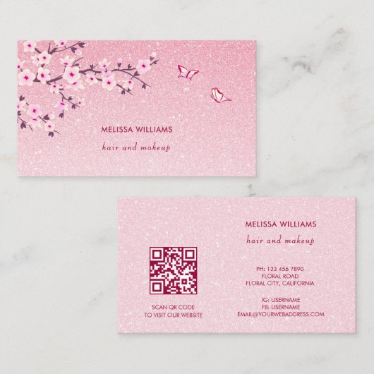 Floral Cherry Blossom Pink Glitter QR Code Visitenkarte (Vorne/Hinten)