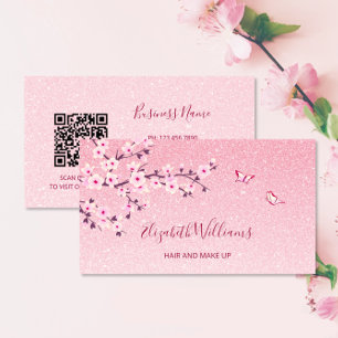 Floral Cherry Blossom Pink Glitzer QR Code Visitenkarte