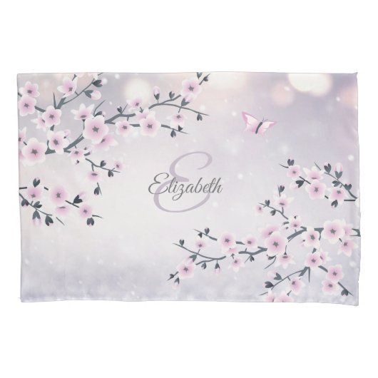 Floral Cherry Blossom Pink Mauve Glitzer Monogram Kissenbezug (Vorderseite)
