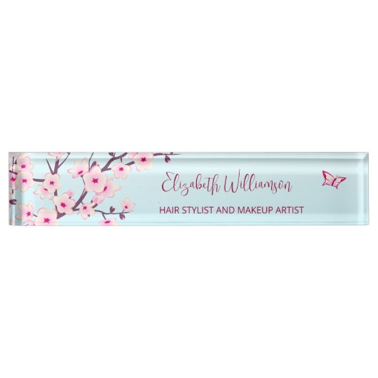 Floral Cherry Blossom Pink Turquoise  Namensplakette (Vorderseite)