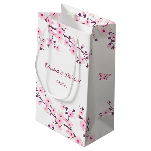 Floral Cherry Blossoms Custom Wedding Kleine Geschenktüte (Rückseite Schrägansicht)