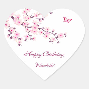 Floral Cherry Blossoms Pink  Custom Birthday Herz-Aufkleber