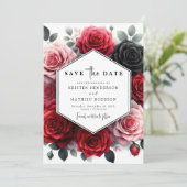 Floral Chic Crimson Red Wedding Save The Date (Stehend Vorderseite)