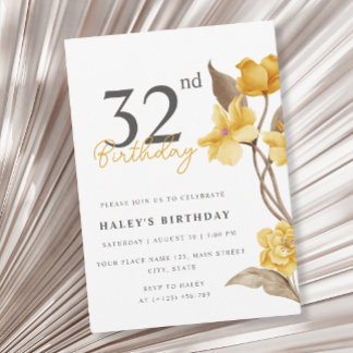 Floral Chic Elegant Einfaches Gelb 32. Geburtstag Einladung