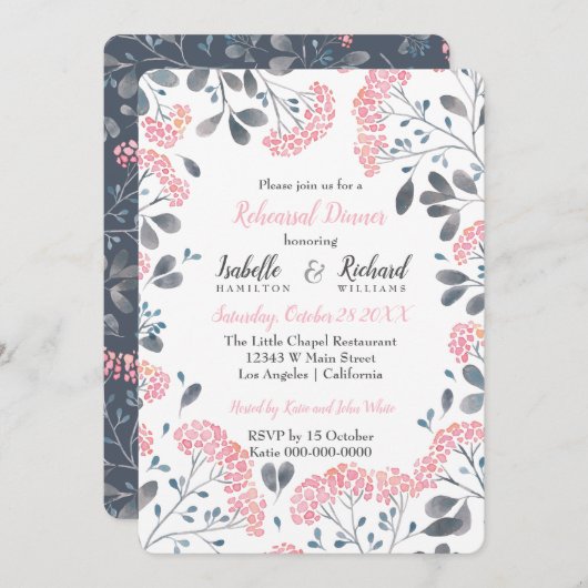 Floral chic grau pink Aquarell Probe Abendessen Einladung (Vorne/Hinten)