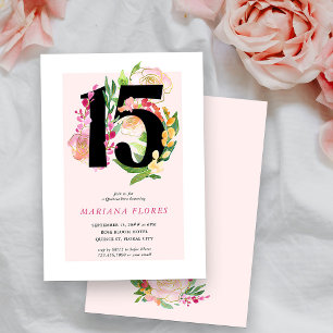 Floral Chic Nummer 15 Pink und Gold Quinceanera Einladung