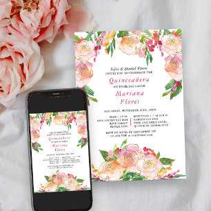 Floral Chic Rosa und Gold Quinceanera und Messe Einladung