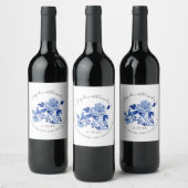 Floral Chinoiserie Bird Foliage Blue White Wedge Weinetikett (Flaschen)