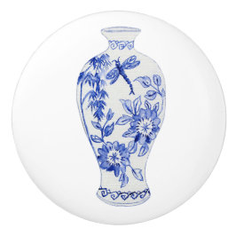 Floral Chinoiserie Blue White Dragonfly Ginger Jar Keramikknauf