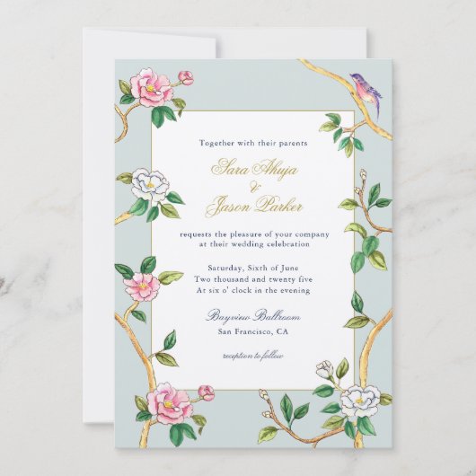 Floral Chinoiserie Gray Blue Hochzeit Einladung (Vorderseite)