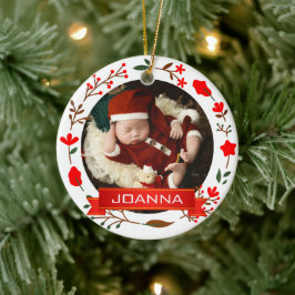 Floral Christmas Baby's First Christmas Photo Keramik Ornament