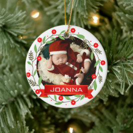 Floral Christmas Baby's First Christmas Photo Keramik Ornament