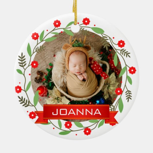Floral Christmas Baby's First Christmas Photo Keramik Ornament (Hinten)