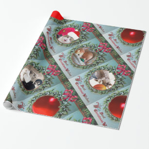 FLORAL CHRISTMAS CROWN, RED RIBBON FOTOVORLAGE GESCHENKPAPIER