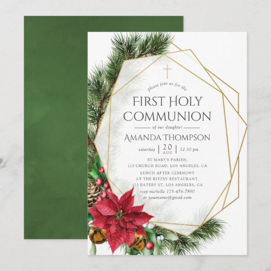 Floral Christmas Geometric First Heilige Kommunion Einladung (Vorne/Hinten)