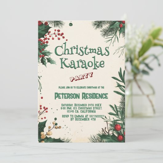Floral Christmas Karaoke Party Einladung (Stehend Vorderseite)
